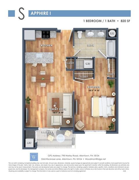 Floor plan for 1 bed, 1 bath, 820 sqft